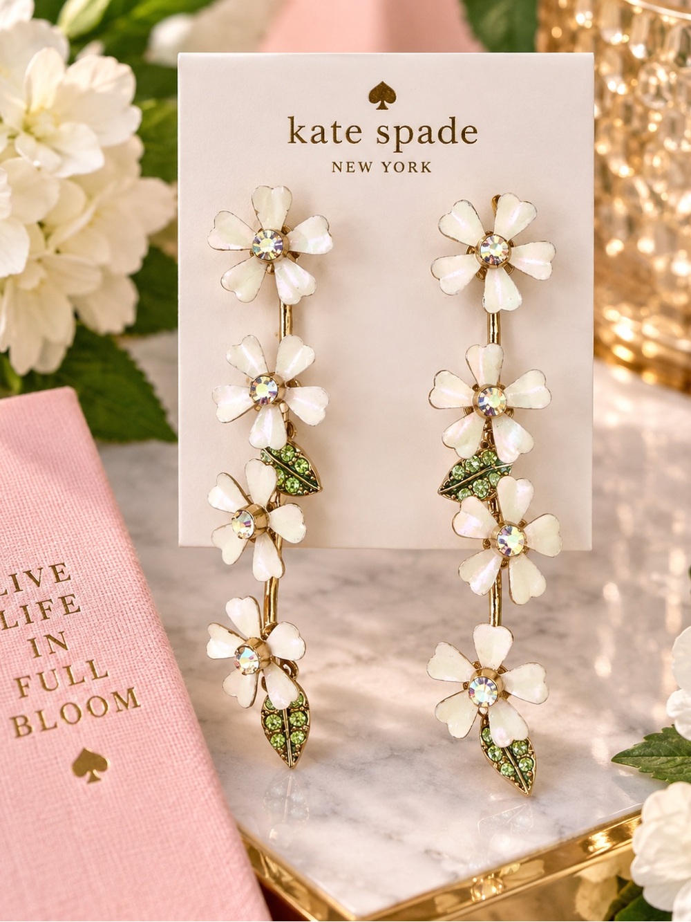 Kate Spade White Floral Crystal Long Drop Earrings